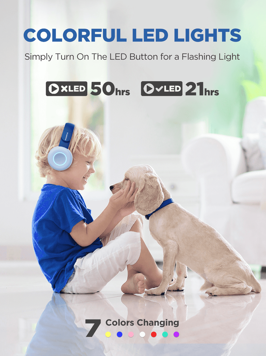 BIGGERFIVE Auriculares Bluetooth inalámbricos para niños con 7 luces LED de  colores, tiempo de reproducción de 50 horas, micrófono, volumen limitado